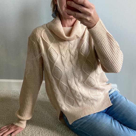 Tan Color Cable Knit Cowlneck Sweater - Picture 10 of 10